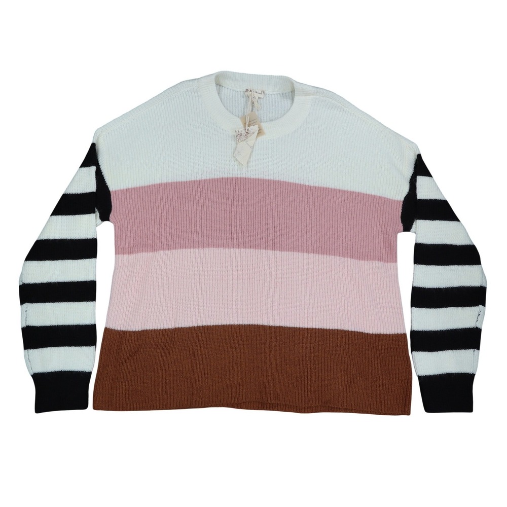 Hem & Thread Colorblock Striped Sweater Womens Large NWT Pink Brown Cream 7535